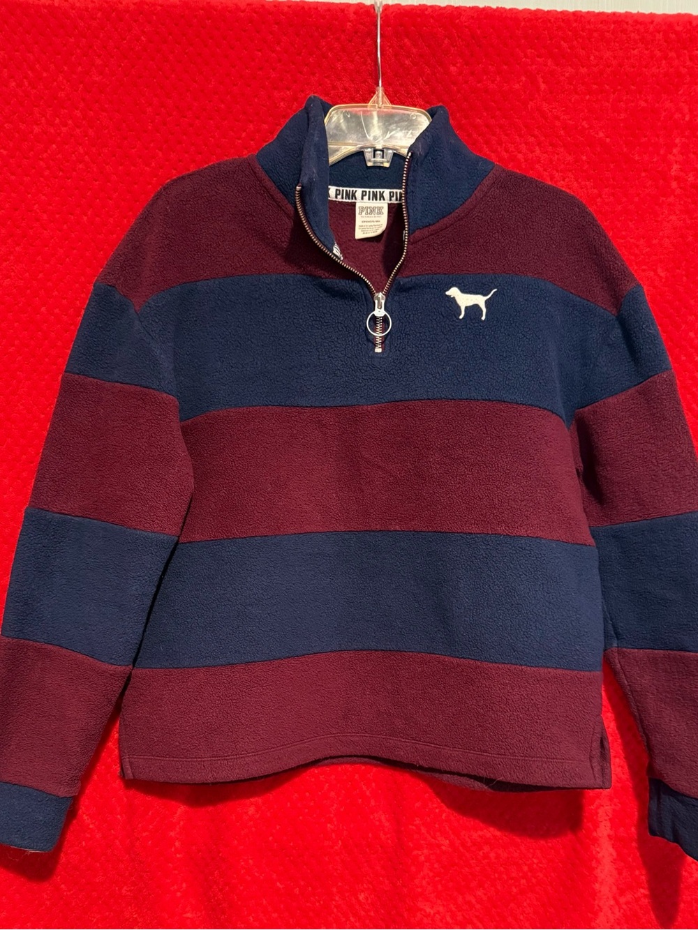 PINK Victoria's Secret Navy and Burgundy Striped Quarter-Zip Pullover
